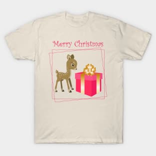 Merry Christmas deer with pink gift box T-Shirt